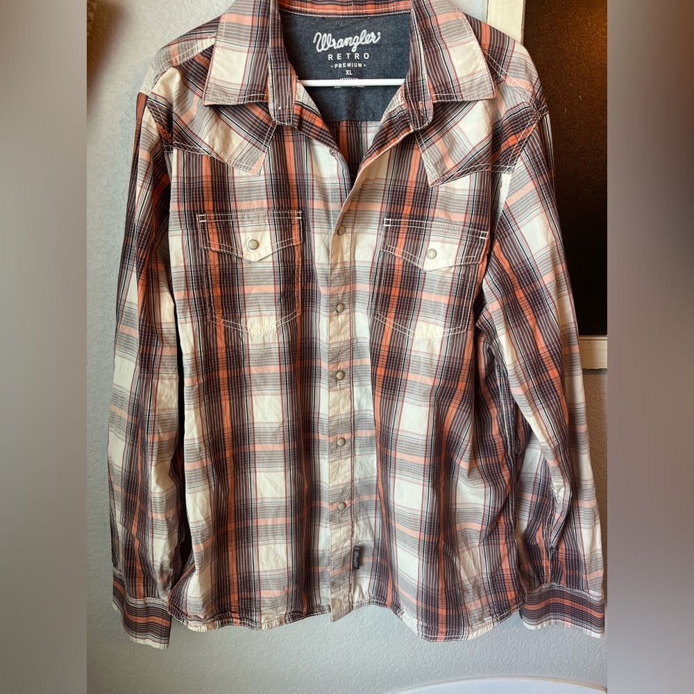 MEN'S WRANGLER‎ RETRO® PREMIUM LONG SLEEVE WESTERN SNAP PLAID SHIRT CREAM ORANGE